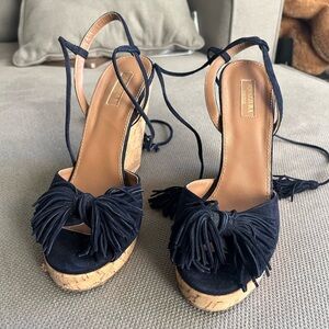 Aquazzura Fringe Trim Suede Tassle Peep Toe Wedges